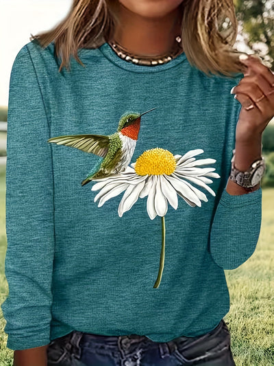 Whimsical Bird and Flower Print Crew Neck T-Shirt: A Perfect Casual Long Sleeve for Spring-Fall