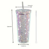 500ml/16.9oz Rhinestone Design Double Stainless Steel Thermal Bottle and Straw - Portable Tumbler Cup for Coffee and Water