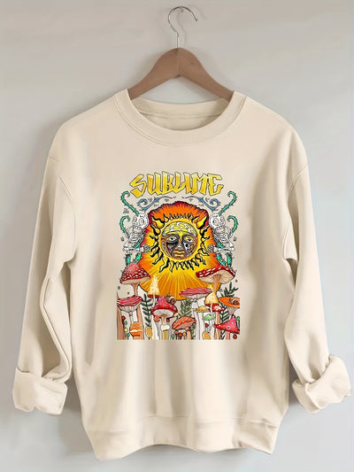 Mushroom & Skeleton Halloween Casual Sweatshirt, Women's Plus Graphic & Art Letter Print Round Neck Long Sleeve Sweatshirt, Women's Clothing