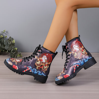 Festive and Fashionable: Women's Christmas Style Combat Boots with Santa Claus & Reindeer Pattern