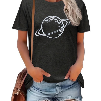 Planet Pattern Crew Neck T-Shirt: Embrace the Vibrant Spirit of Spring and Summer with this Chic and Casual Women's Clothing Essential