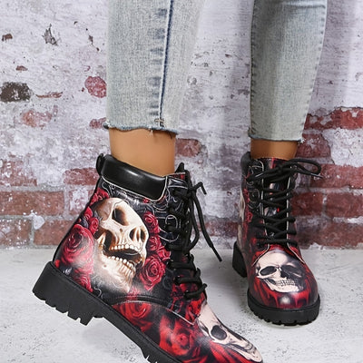 Skull Rose Pattern Fashion Mid-Calf Boots: Edgy Retro Winter Footwear for Women