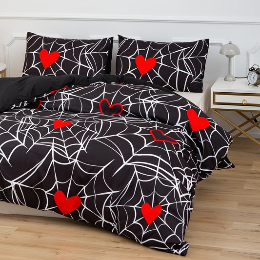 Love Spider Web Print Duvet Cover Set: Perfect Halloween-themed Bedding for Kids, Adults, and Guests - Includes 1 Duvet Cover and 2 Pillowcases (No Core)