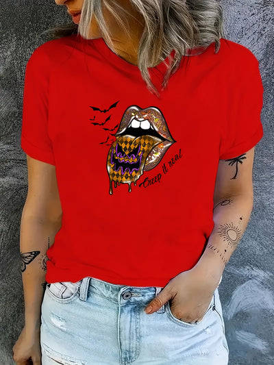 Go for a fashionable, Halloween-inspired look with this women's casual sports t-shirt, featuring a stylish bat graphic and lips print. Its lightweight fabric construction provides breathability and comfort, making it perfect for the summer season. A must-have for any wardrobe!