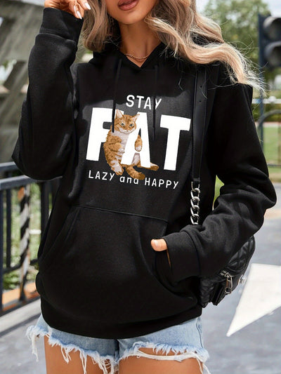 Cozy and Chic: Women's Plus Size Cat Slogan Hooded Sweatshirt with Pockets