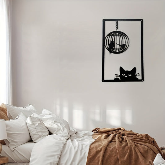 Artistic Harmony: Cat and Bird Metal Art Wall Decorations – Contemporary Minimalist Wall Art for Home, Kitchen, Bathroom, and Living Room