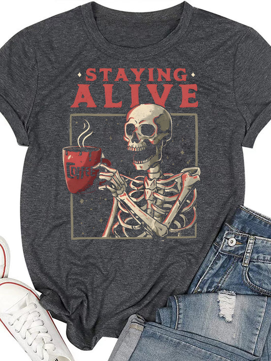 Stylish and Trendy: Skeleton Letter Print Crew Neck T-Shirt for the Fashion-Forward Women