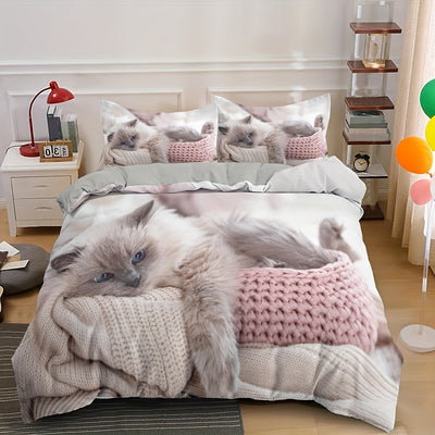 Lovely Pet Cat Print Duvet Cover Set: Adorable Kitten Bedding for Bedroom and Dorm Room