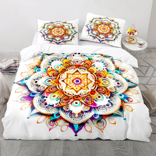 This Boho Ethnic Style Mandala Printed Duvet Cover Set is sure to add style to any bedroom, guest room, or dorm room. Crafted from soft material, it offers maximum comfort. The set includes 1 duvet cover and 2 pillowcases with no core for easy care. Transform your living space with this stylish and timeless design.