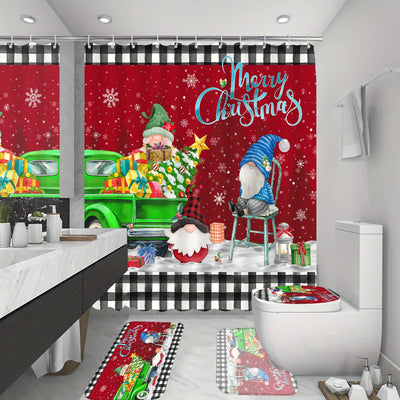 Winter Wonderland: 4-Piece Christmas Gnomes Shower Curtain Set - Festive Bathroom Decor & Waterproof Accessories