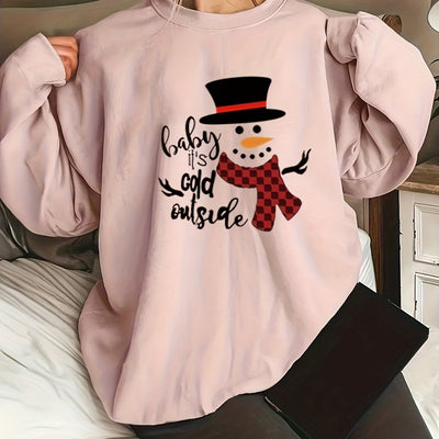 Snowman Delight: Women's Plus Size Christmas Casual Sweatshirt with Black Hat Snowman Print