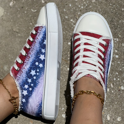 Glitter Star Pattern Women's Canvas Shoes - Casual Lace Up Outdoor Shoes for Independence Day