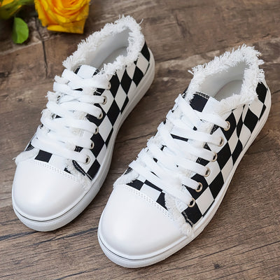 Stylish and Comfortable Women's Checkerboard Pattern Lace-Up Canvas Shoes