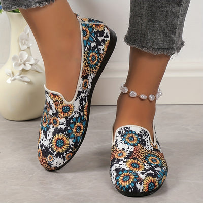 Stylish and Comfy Women's Sunflower Cow Print Flats: Casual Flax Sole Slip-on Shoes for Everyday Elegance