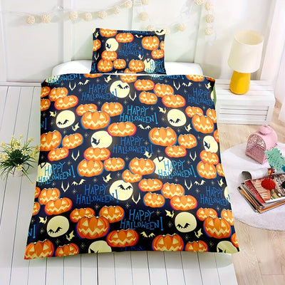 Spooktacular Dreams: Halloween-Themed Duvet Cover Set - Moon, Pumpkin, and Bat Design for Festive Bedroom Decor(1*Duvet Cover + 2*Pillowcases, Without Core)