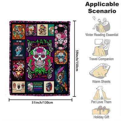 Colorful Skull Floral Print Flannel Blanket: Cozy and Stylish Throw Blanket for Every Occasion