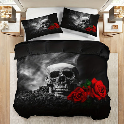 Skull Rose Print Duvet Cover Set: Soft and Comfortable Bedding for a Unique Bedroom Décor