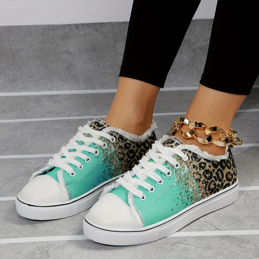 Women's Glitter Leopard Print Canvas Shoes, Fashion Low Top Lace Up Sneakers, Casual Flat Walking Shoes
