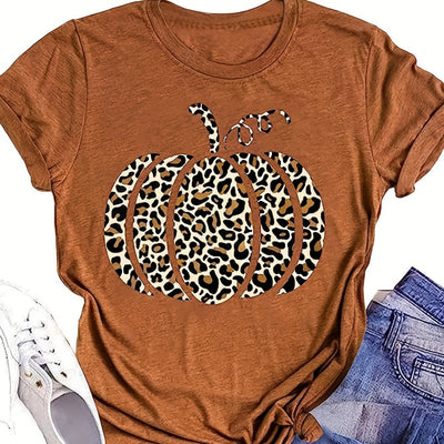 Leopard Pumpkin Print Crew Neck T-Shirt, Halloween Theme Short Sleeve T-Shirt For Spring & Summer, Women's Clothing