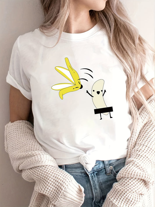 Add a lighthearted touch to your wardrobe with this Funny Cartoon Banana Print <a href="https://canaryhouze.com/collections/tshirt">T-Shirt</a>. This casual short-sleeve top is made of premium-quality cotton fabric, designed for comfort and style. Perfect for the warmer months of Spring and Summer, this top will brighten up any outfit.