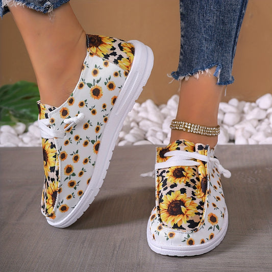 These comfortable canvas shoes feature an eye-catching sunflower pattern, making them both stylish and practical. The lightweight design and lace up closure provide a secure fit, perfect for outdoor activities like a stroll or an afternoon of shopping. With these shoes, you'll look great and feel great.