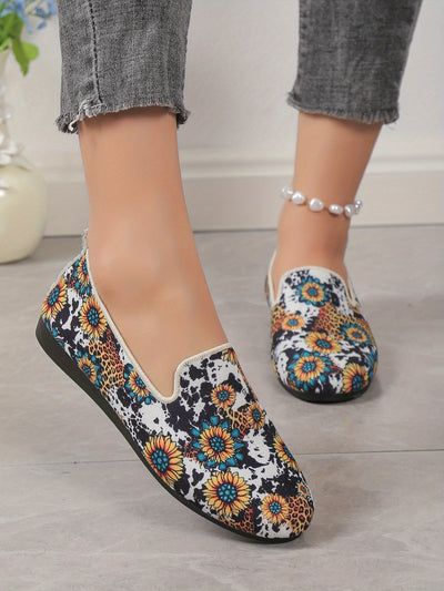 Stylish and Comfy Women's Sunflower Cow Print Flats: Casual Flax Sole Slip-on Shoes for Everyday Elegance