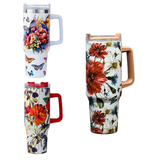 This 40Oz Butterfly and Flower Tumbler is ideal for outdoor activities. The tumbler is equipped with a large straw, making it easy to drink water on the go. It is crafted from durable materials, making it a perfect companion for camping trips.