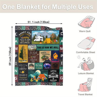 Snuggle Up, Cozy & Stylish with This Camping and Anime Pattern Fleece Throw Blanket! - Perfect Gift for Bed, Couch, Sofa, Travel, Camping!