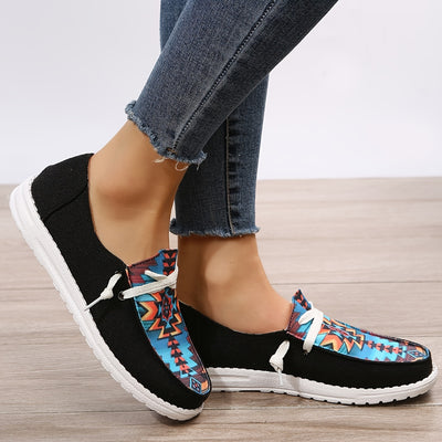 Lightweight Geometric Pattern Canvas Shoes for Women - Non-Slip Low Top Casual Walking Shoes in Black