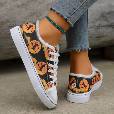 Halloween Pattern Canvas Shoes, Comfortable Women's Canvas Shoes with Lace-Up Closure and Round Toe