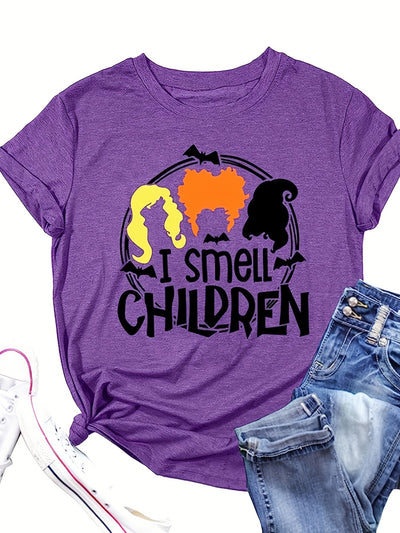 Make a statement in this I Smell Chlldren Letter Print Crew Neck T-Shirt. Featuring a casual short sleeve top designed for spring and summer, this women's clothing item is perfect for completing any look. Whether you're headed to the office or the beach, this short sleeve top will give your outfit a fashionable and comfortable finish.