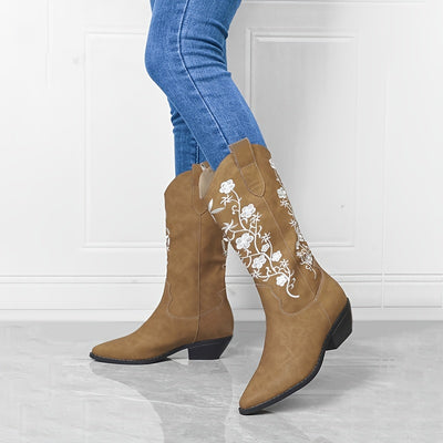 Fashionably Floral: Women's Embroidered Western Mid-Calf Boots with Block Heels - A Cowgirl's Must-Have
