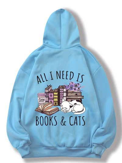 Feline Frenzy: Books & Cats Print Hoodie - Stay Cozy and Stylish this Winter/Fall with this Casual Hooded Sweatshirt for Women