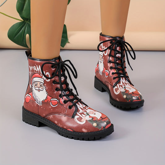 Our Festive Holiday Spirit Combat Boots for women are designed to provide an all-match, casual style for any occasion. The lace-up design and retro Santa Clause detailing provide a fashionable, festive look. Crafted from lightweight materials, these boots are ideal for outdoor activities and adventures.