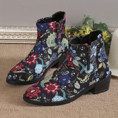 Women's Colorful Floral Print Boots: Stylish Chelsea Outdoor Boots with Side Zipper, Point Toe, and Non-Slip Block Heel for Versatile and Comfy Wear