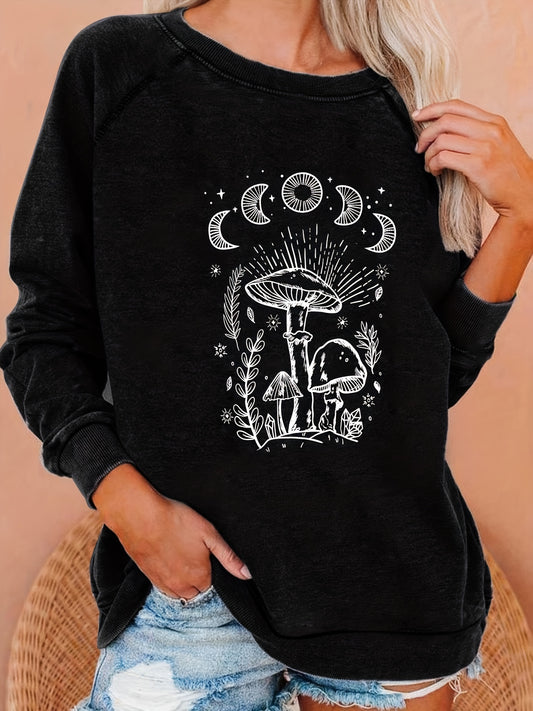 Stay stylish and comfortable through the winter with this women's sweatshirt. The moon and mushroom print adds a unique, feminine touch to a classic silhouette. Casual, long-sleeved, and crew necked, it's perfect for chilly fall and winter days.