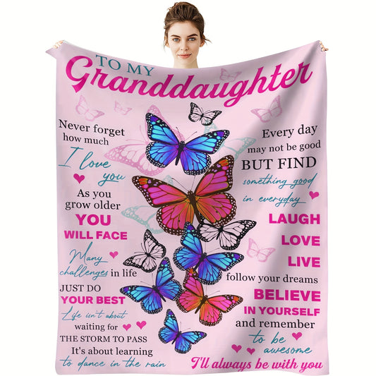 This Butterfly and 'To My Granddaughter' Letter Print Flannel Blanket is a soft and inviting throw. The flannel construction provides superior warmth and comfort, making it ideal for couches, beds, and sofas. Perfect for adding a splash of color and heartfelt message to any living space.