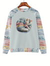 Adorable Feline Frenzy: Women's Cute Cat Print Crew Neck Sweatshirt - Casual, Long Sleeve & Drop Shoulder