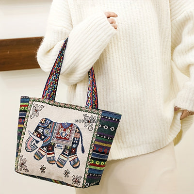 Ethnic Style Embroidered Elephant Tote Bag: Fashionable Canvas Handbag for Travel, Beach, and Beyond