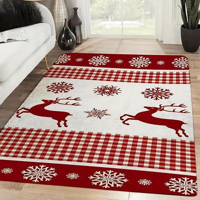 Christmas Red Boho Area Rug: Festive Elk and Snowflake Throw Rug for Home Decor and Party Favors - 47*63in
