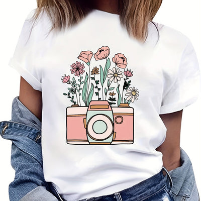 Color Flower and Camera Print Crew Neck T-Shirt: A Stylish Spring/Summer Essential for Women's Fashion