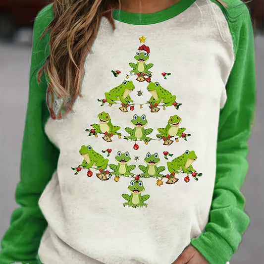 Festive and Fun: Women's Plus Size Christmas Tree Frog Print Raglan Long Sleeve Tshirt