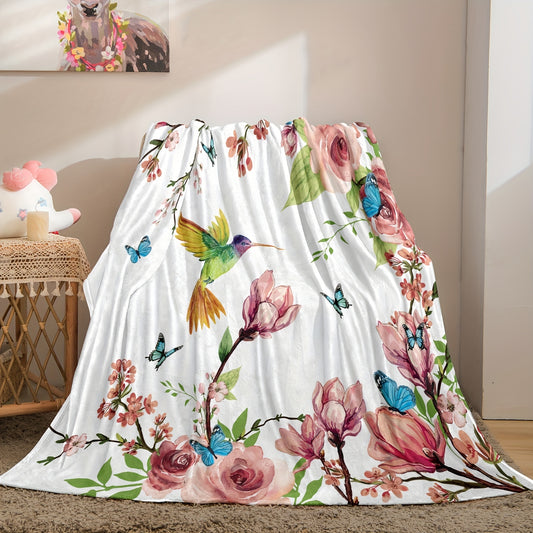 Nature's Symphony: Watercolor Bird and Floral Print Multi-purpose Flannel Blanket - A Cozy and Versatile Gift for Every Season