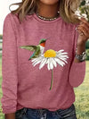 Whimsical Bird and Flower Print Crew Neck T-Shirt: A Perfect Casual Long Sleeve for Spring-Fall