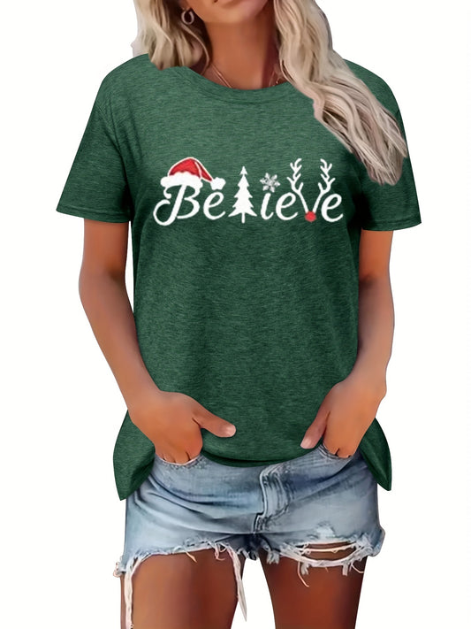 Make a statement with the Festive Fashion Christmas Graphic Letter Print T-Shirt. This casual short sleeve top offers a vibrant print of festive holiday lettering on a comfortable, lightweight material, perfect for Spring and Summer. Show off your style with this fashionable top!