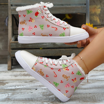 Festive Comfort: Women's Christmas Print Canvas Shoes – Casual, Plush-Lined High Tops for Outdoor Enjoyment