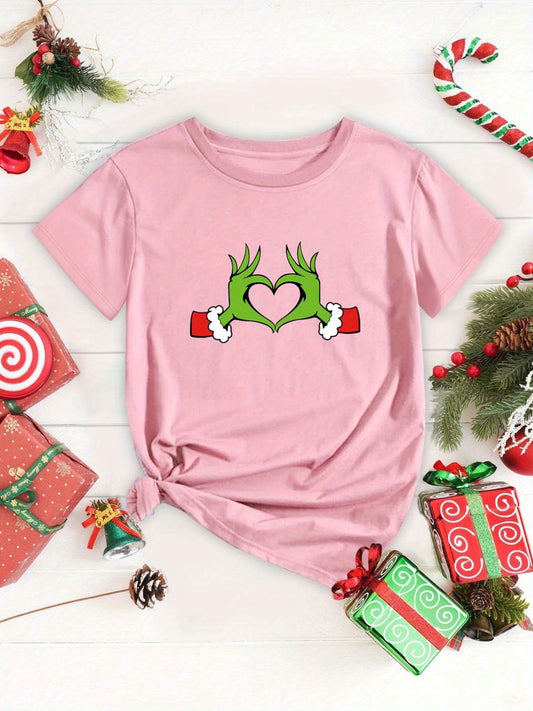 This Plus Size Heart Monster Print Christmas Casual T-Shirt is a stylish and comfortable top with short sleeve and a slight stretch. It is designed to fit plus size frames, perfect for the upcoming festive season. Its lightweight, relaxed fit ensures all-day comfort and an on-trend look.