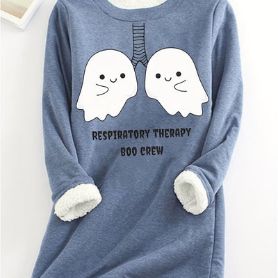 Hauntingly Cute: Little Ghost Print Sweatshirt for Women - Stay Cozy and Stylish this Halloween