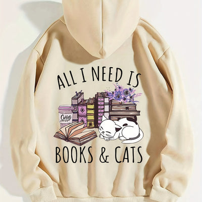 Feline Frenzy: Books & Cats Print Hoodie - Stay Cozy and Stylish this Winter/Fall with this Casual Hooded Sweatshirt for Women