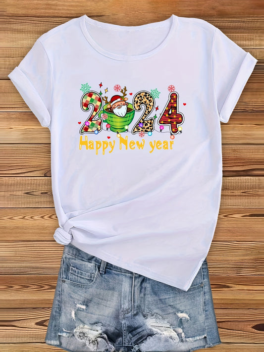 A Fun and Stylish 2024 New Year Print Crew Neck T-Shirt: Casual Short Sleeve Top for Spring/Summer - Women's Clothing